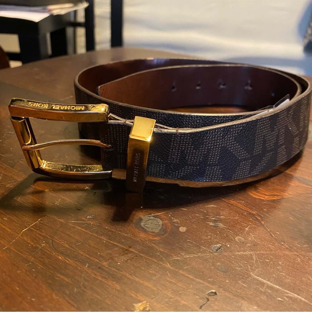 MK Michael Kors monogram brown belt synthetic leather goldtone hardware Small